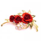 B505  Express Your Love Anytime w/ Red Rose Brooch Enamel Beautiful Leaves