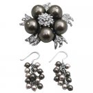 B567  Pearls Brooch And Earrings Set Grey Pearls Set