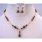 BRD963  Gold 22k Plated Swarovski Brown Pearls Colorado Crystals Necklace Set