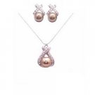 BRD873  Bronze Swarovski Pearls Pendant & Stud Earrings Sarkling Simulated Diamond Set
