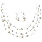 BRD843  Three Stranded Silk Thread White Pearls w/Clear Crystals Bridal Bridemaids Jewelry Set