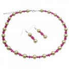 NS993  Lime Green Faux Pearls & Swarovski Fuschia Crystals Wedding Jewelry