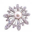 B286  Classically Shaped Fan Flower Brooch Fully Embedded w/ Rhinestones & Pearls At Center