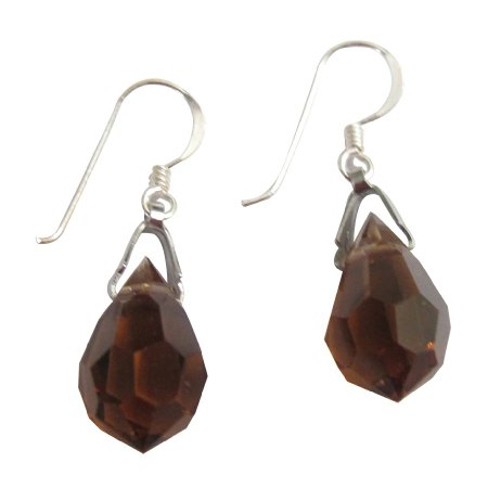 ERC138 Teardrop Crystals 925 Silver Earwires Smoked Topaz Crystals Earrings