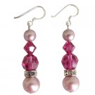 ERC163  Genuine Swarovski Rose Pink Pearls & Fuschia Crystals Silver Earrings