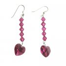 ERC402  Romantic Earrings Fuschia Heart Swarovski Crystals Sterling Silver 92.5 Earrings