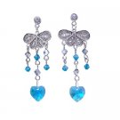 ERC233  Heart Dangling Blue Zircon Swarovski Crystals Sterling 92.5 Silver Chandelier Earrings