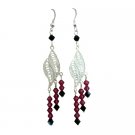 ERC174 Swarovski Fuschia & Jet Crystals & Genuine Sterling Silver Leaf Chandelier Earrings