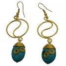 UER488  Gold Metal Wire Rings Dangling Flat Turquoise Teardrop Bead Earrings