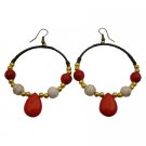UER496  Dangle Coral White Turquoise Golden Beads Wax Cord Earrings