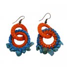 UER504  Bohemian Handknitted Orange Turquoise Earrings With Tuquoise Nuggets