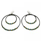 UER520  Double Circle Hoop Earrings Knitted Wax Cord With Turquoise And Golden Beads
