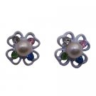 D238  Flower Stud Earring With Multicolored Rhinestones