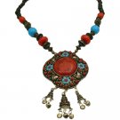 N951  Turquoise Engraved Flower Decorated Coral Stones Dangling Bells Necklace