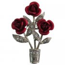B597  Exotic Stunning Beautiful Red Roses Vase Brooch