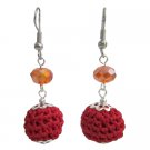 UER572  Christmas Newyear Party Earrings In Crocheted Red Bead W/ Orange Crystals Beads