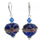 ERC790  Handmade Blue Heart Lampwork Bead Earrings W/ Swarovski Crystals