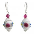 ERC791  Inexpensive White Lampwork Earrings With Fuschia Crystals