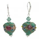 ERC795  Green Lampwork Heart Austrian Crystals Designer Earrings