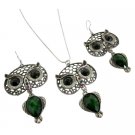 NS1128  Oxidized Owl Pendant Earrings Set Green Enamel Body Black Eyes
