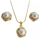 Superior White Pearls Necklace Earrings Set Adorned Gold Pendant