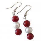Red White Combo Jewelry Valentine Gift Coral w/ White Pearls Earrings