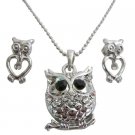 Cute Owl Pendant Earring Set In Silver Metal With A Gift Box