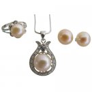 Peach Freshwater Pearls Pendant Necklace Stud Earrings & Ring