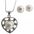 Valentine Heart Freshwater White Pearls Pendant & Earrings Set