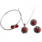Christmas Gift In Red Pearls Pendant Necklace Earrings & Bracelet