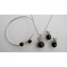 Prom Jewelry Black Pearls Pendant Necklace Earrings Cuff Bracelet
