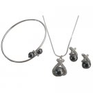 Bridesmaid Dark Gray Pearls Pendant Necklace Earrings Cuff Bracelet