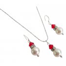 Elegant Gorgeous Handmade Gift Ivory Pearls & Red Crystals Necklace Earrings Set