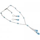 Delicate Graceful Y-Neck Aqumarine Crystals Teardrop Necklace Set