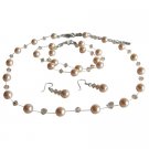 BRD1198  A Very Delicate Peach Pearl & Crystal Swarovski Necklace Earrings Bracelet Set