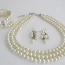 NS1305 Breathtaking Stunning Bridal Three Stranded Ivory Necklace Bracelet And Grape Earrings