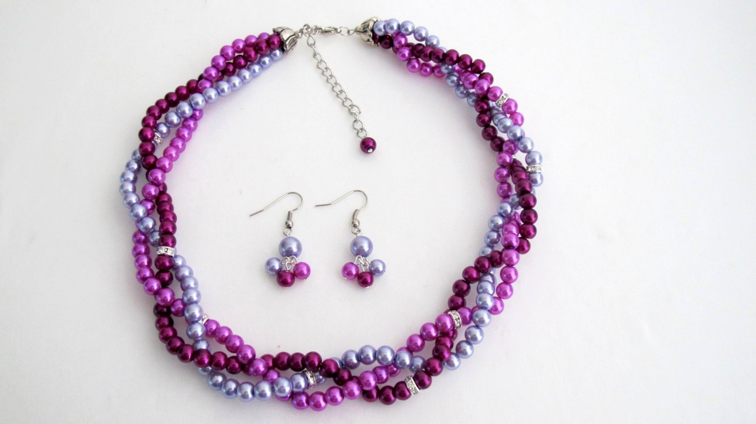 NS1315 Bridesmaid Twisted Necklace Dangling Earrings In Plum Purple And Lilac