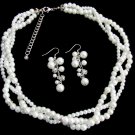 NS1327 Bridal Enchanting Set White Pearls Bridal Twisted Necklace Set Silver Rhinestones