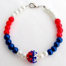 UBR350 Red White Blue Pearls USA Beaded Bracelet With Cute Pave Ball Celebrate Independence Day