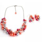 NS1338 Salmon Lite Gray Magenta Gift Chunky Pearls Necklace Earrings Set Wedding Gift