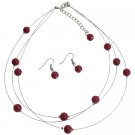 NS1277 Red Floating Pearls Necklace and Earrings Set Three Stranded Necklace