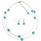 NS1278 Illusion Floating Turquoise Blue Pearls Three Stranded Necklace Earrings