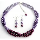 NS1331 Pretty Plum Purple Lilac Twisted Double Strands Necklace Earrings Set