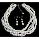 NS1334 White Five Strand Braided Twisted Necklace With Dangling Earrings Bridal Jewelry Set