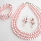 NS1346 Bridal Jewelry Pink Pearls Three Strands Necklace Bracelet Bridal Jewelry Set