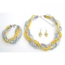 NS1347 Luxurious Braid Four Strand Yellow Gray Pearls Twisted Necklace Earrings Bracelet
