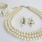 NS1305 Bridal Three Strand Necklace Bracelet Earrings Jewelry Set Simple Elegant
