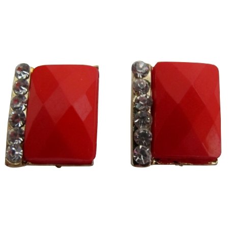 UER696 Pair of Fresh Women Solid Red With Rhinestone Embellished Earrings