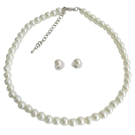 NS1395 Elegant Ivory Pearl Single Strand Necklace Stud Earrings