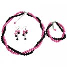 NS1403 Pink Black Wedding Jewelry Bridesmaid Gift Necklace Earrings Bracelet Set